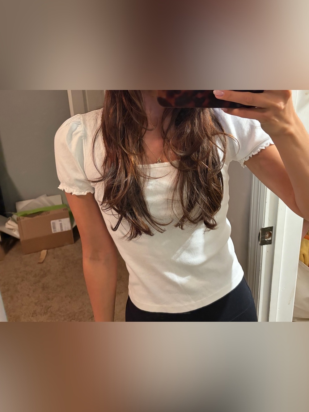 Brandy Melville White Square Neck Puff Sleeve Top